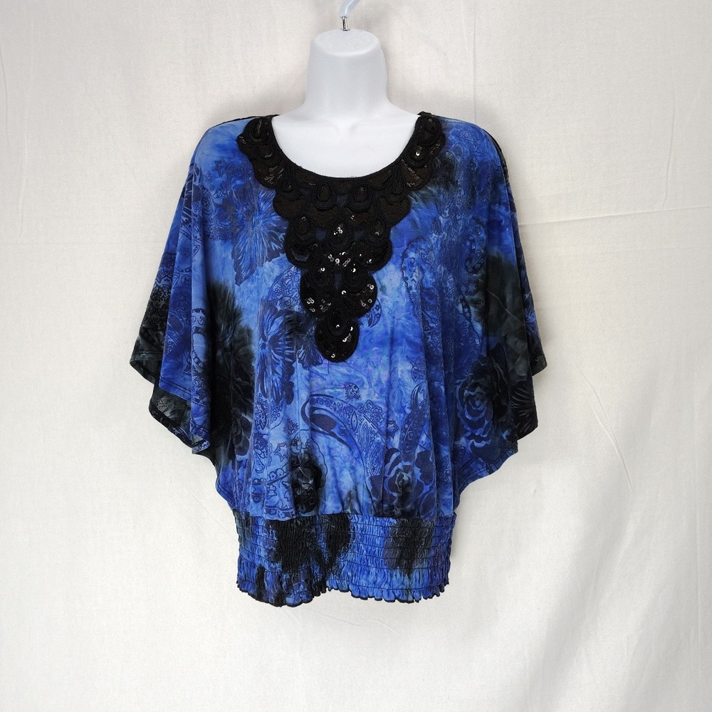Cato Top M Blue‎ Black Velvet Burnout Stretch Knit Shirt Beaded Whimsigoth